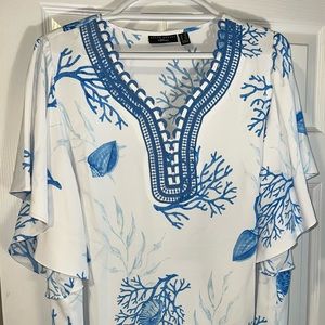 Susan Graver Artisan ocean blue printed stretch woven flutter-sleeve top Size 1X